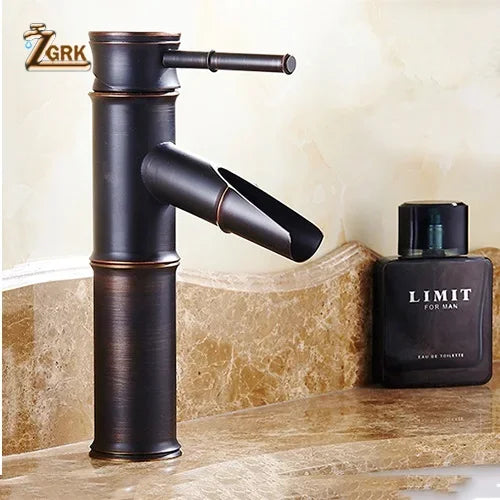 ZGRK Black Waterfall Bathroom Sink Faucet Vessel Tall Bamboo Water Tap Retro Brass Basin Faucets Single Hole Sink Mixer Tap