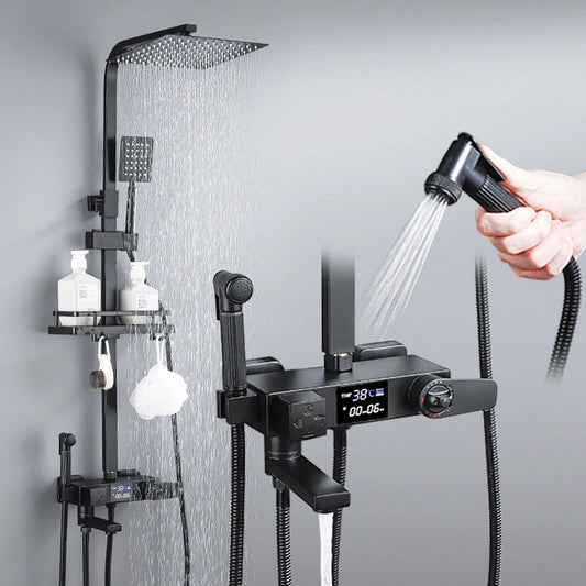 Brass Bathroom Shower Faucet Set Thermostatic Digital Display Shower System With Rain Shower And Mixer 30cm*30cm Nozzle