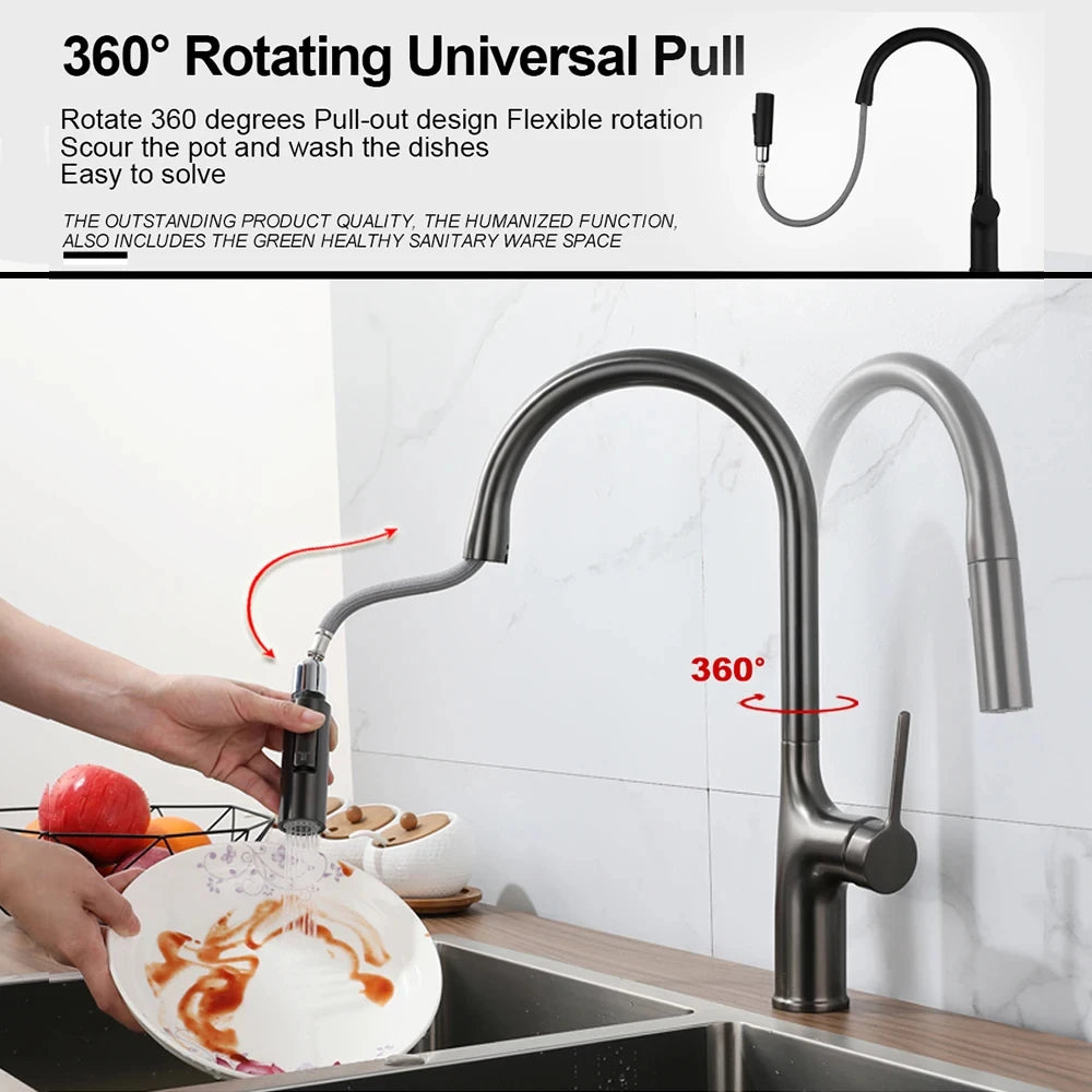 Deck Mounted Kitchen Faucet Pull Out Mixer Tap Bagnolux Gun Gray Brass Two Function Single Handle Hot and Cold Water Crane