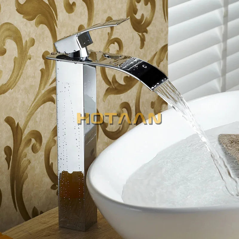 Waterfall Brass Basin Faucet Deck Mounted Single Lever Single Hole Cold&Hot Bathroom Basin Mixer Black Plated Tap