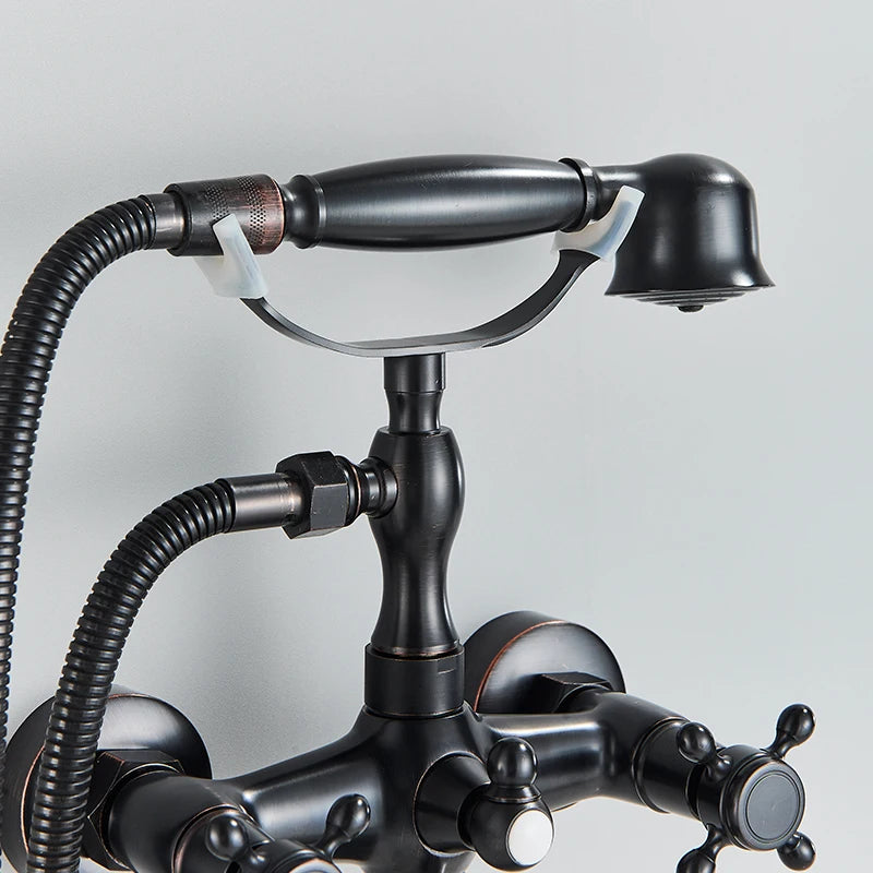 Retro Antique Brass Black Bronze Bathtub Shower Faucets Set Dual Knobs Mixer Tap Wall Mounted Bath Shower Set Swivel Tub Spout