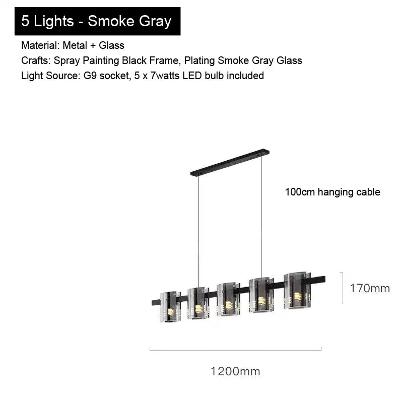 Pendant Light for Bedroom Living Room Kitchen Dining Table Bar Home Decor Modern LED Glass Tile Suspension Lamp Smoke Gray Amber