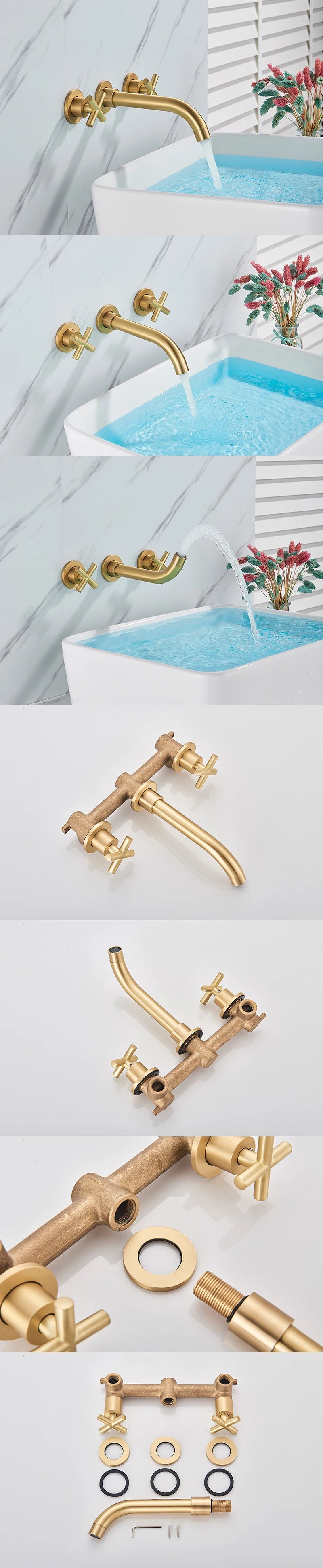Bathroom Basin Faucet Brushed Golden Concealed Wall Mounted Faucet Tap 360 Rotation Single Handle Hot Cold Water Bath Mixer Tap