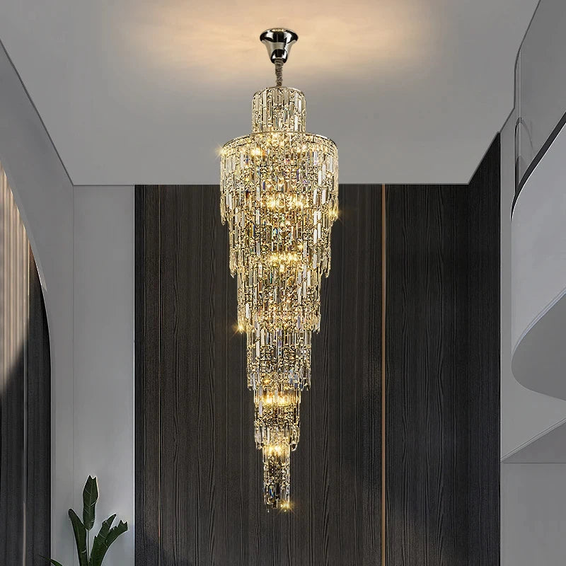 Villa Living Room Crystal Chandelier Hotel Hall Luxury Lighting for Duplex Floor Rotating Staircase Long Chandelier Decoration