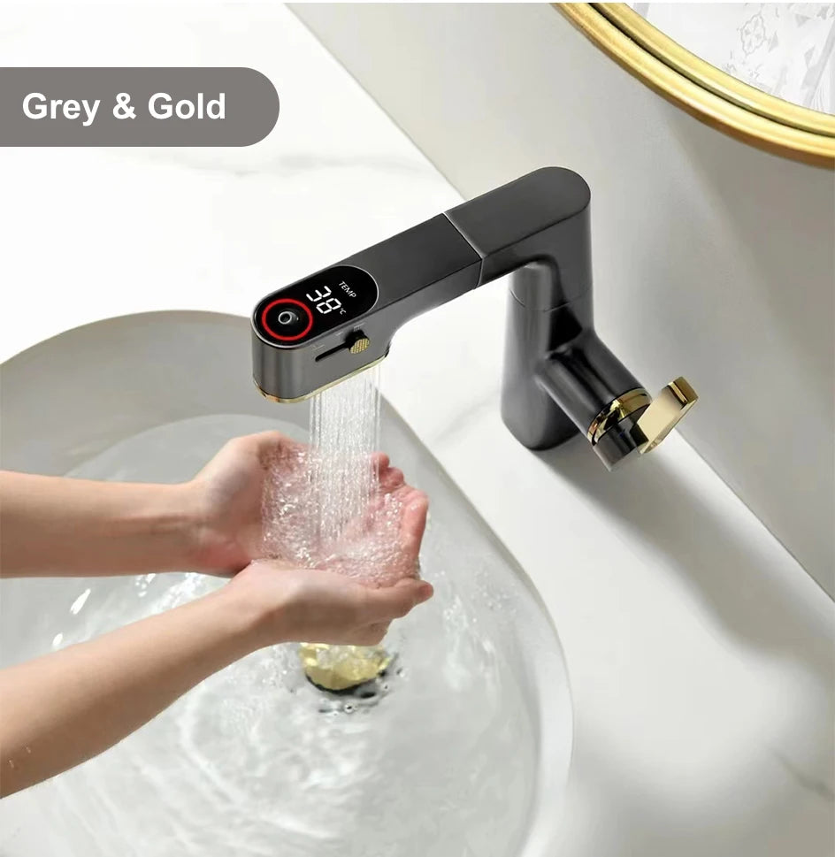 VGX Multifunctional Bathroom Faucets Pull Out Basin Mixer Sink Faucet Gourmet LED Temperature Tap 360° Tapware Crane Brass White