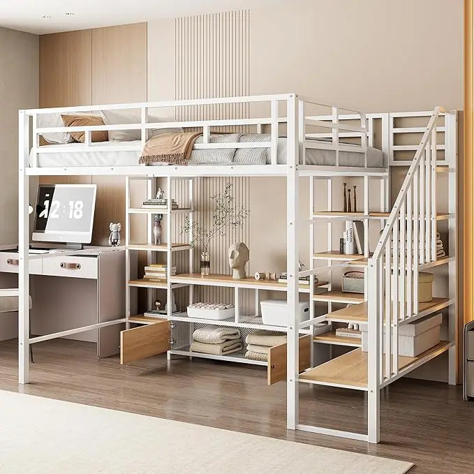 Full Size Loft Bed with Stairs and Desk Metal Loft Bed with LED Light and Charging Station