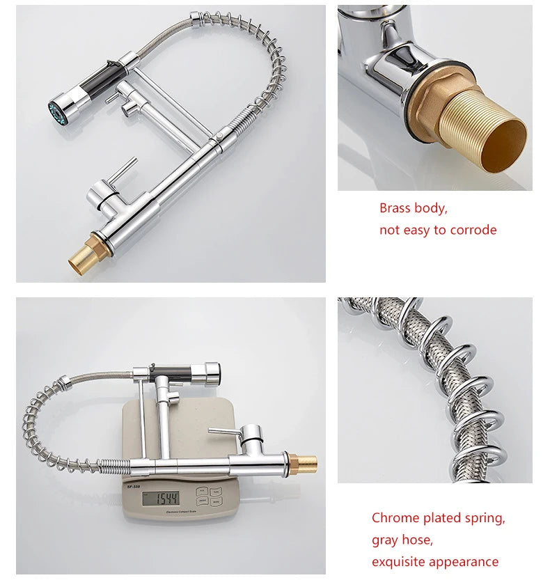 Black and Golden Brass Pulling Kitchen Sink Faucets Dual Outlet Water-Cold Hot Washing Basin Tap Deck Mounted Spring Mixer Taps