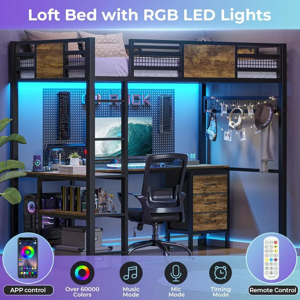 Loft Bed with L-Shaped Desk LED Lights & Charging Station