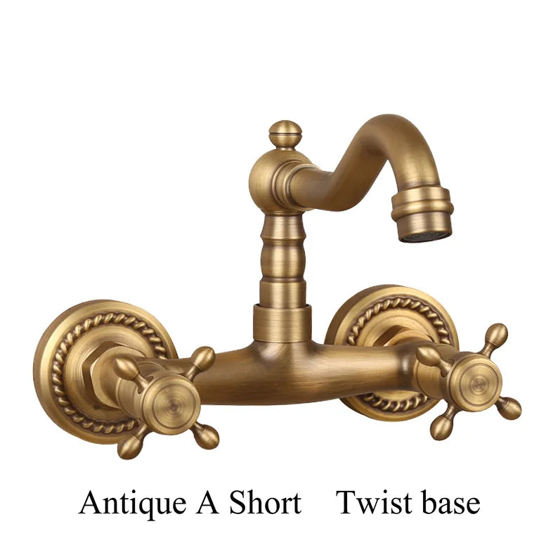 Antique brass ceramic into the wall faucet bathroom washbasin basin wall mount double handle cold and hot water faucet