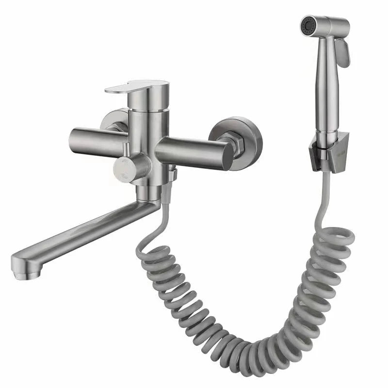 Wall Mount Kitchen Faucet Stainless Steel 360 Rotate Spout Bathroom Basin Faucet Hot and Cold Water Dual Hole with Sprayer Head