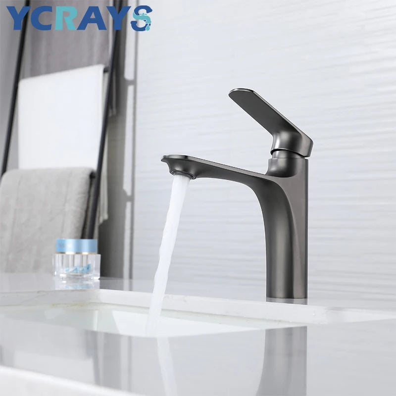 YCRAYS Brass Water Plating Gray Bathroom Sink Faucet Single Handle Brushed Gold Deck Mounted Wash Basin Tap Hot And Cold Mixer