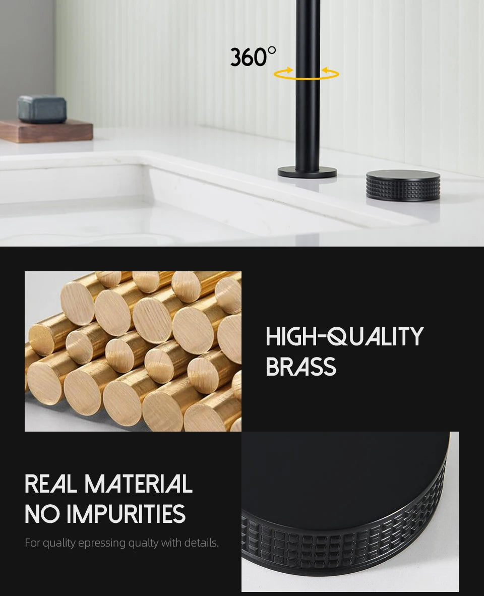 Matte Black Basin faucet  Single Knurled Knob Deck Mounted Widerspread Mixer Hot And Cold Sink Tap 2 Set Brass Restroom Mixer
