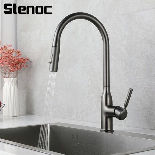 New Single Handle Gray Kitchen Faucet With Pull Down Sprayer High Arc Brass 360 Swivel Kitchen Sink Faucets Deck Mounted Chrome