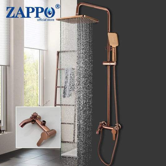 ZAPPO Solid Brass Rose Golden Shower Faucet Set Pink Bathroom Bathtub Mixer Rainfall Spray Hand Square Shower Shower Facuets