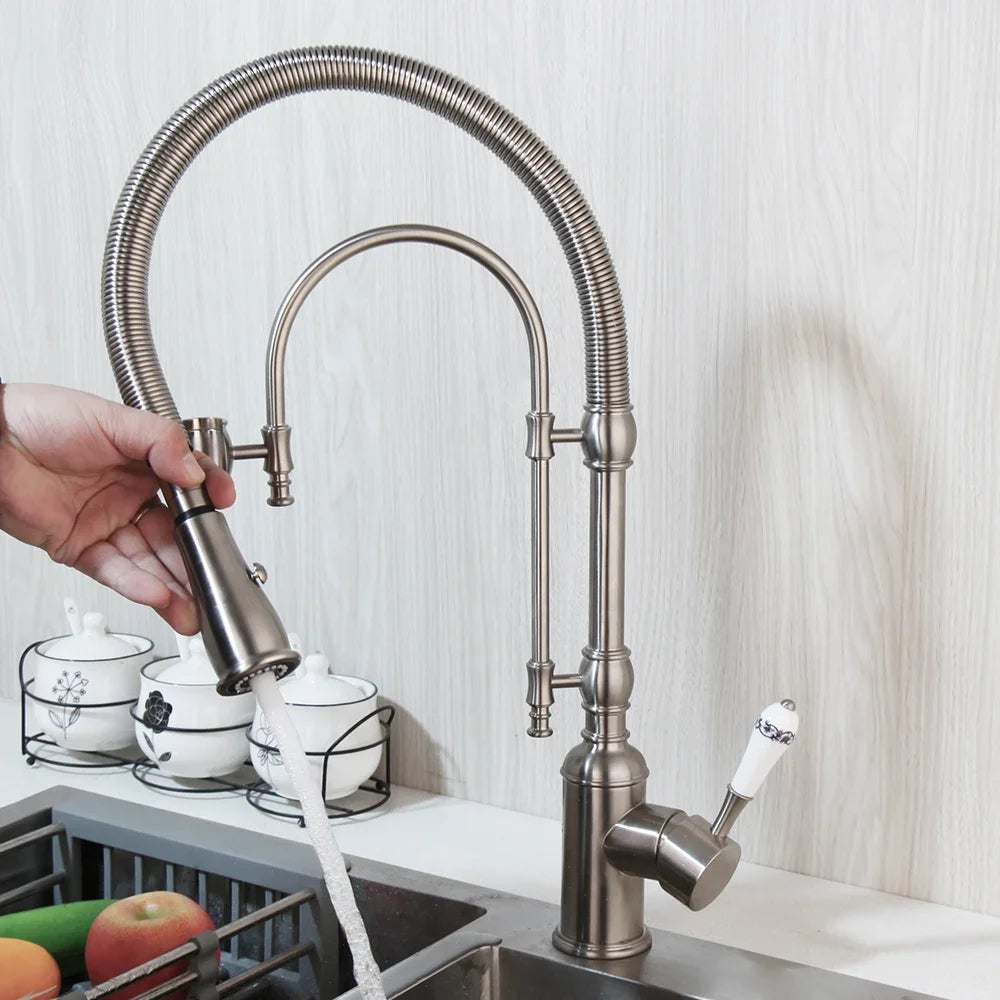 Golden Spring Pull Down Kitchen Sink Faucet Hot & Cold Mixer Crane Tap with Dual Spout Deck Mounted Hot Cold Faucets
