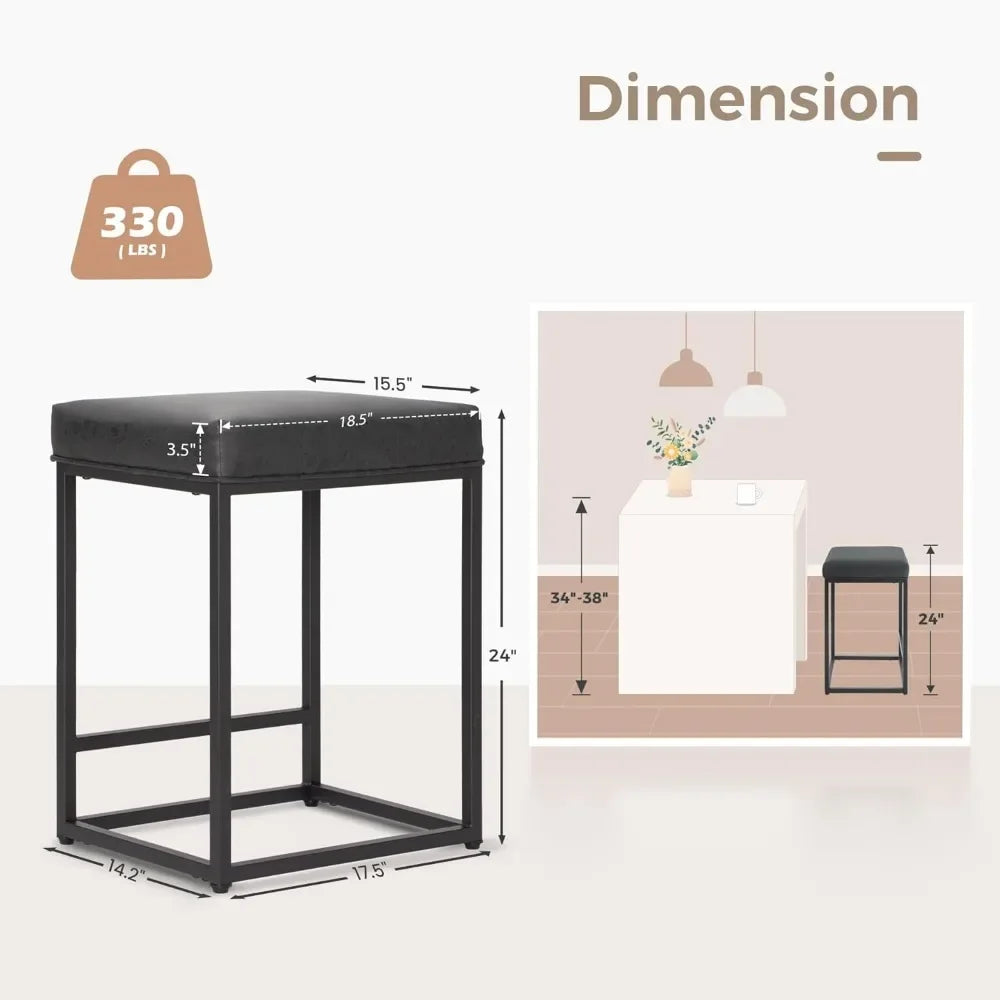 Black Counter Height 24" Bar Stools Kitchen Counter Backless Modern Square Barstools Upholstered Faux Leather Stools