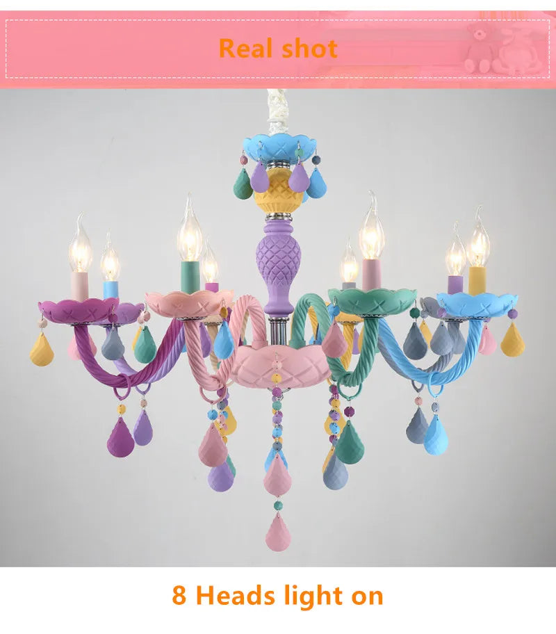 Modern Romantic Rainbow Crystal Chandelier European Candle lustres Children's Makaron Girl Princess Pendant Lamps Light Fixtures