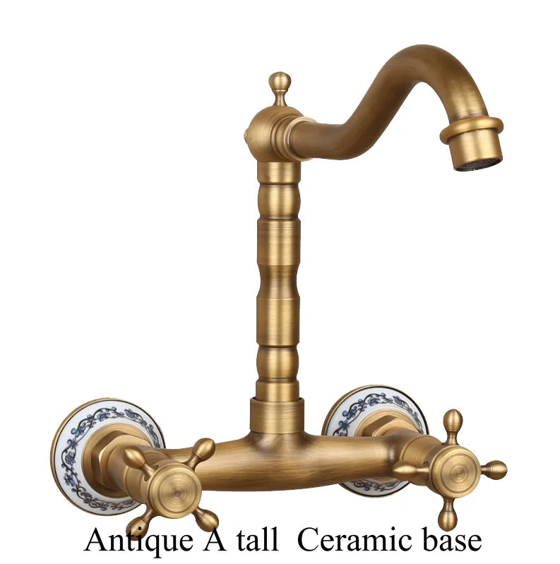 Antique brass ceramic into the wall faucet bathroom washbasin basin wall mount double handle cold and hot water faucet