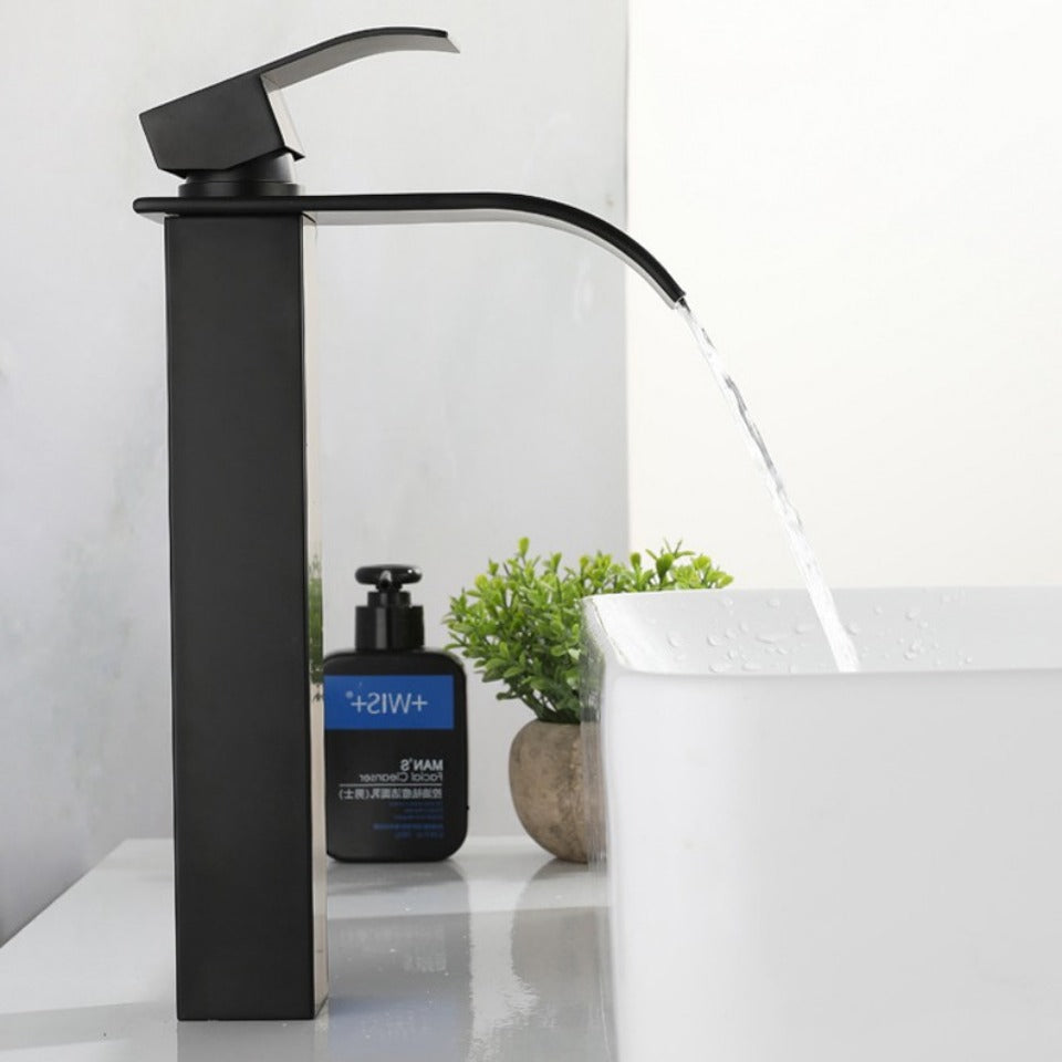Brushed Gold Tall Bathroom Sink Faucet Waterfall Bathroom Faucet for Vessel Sinks Single Handle Bathroom Vanity Faucet