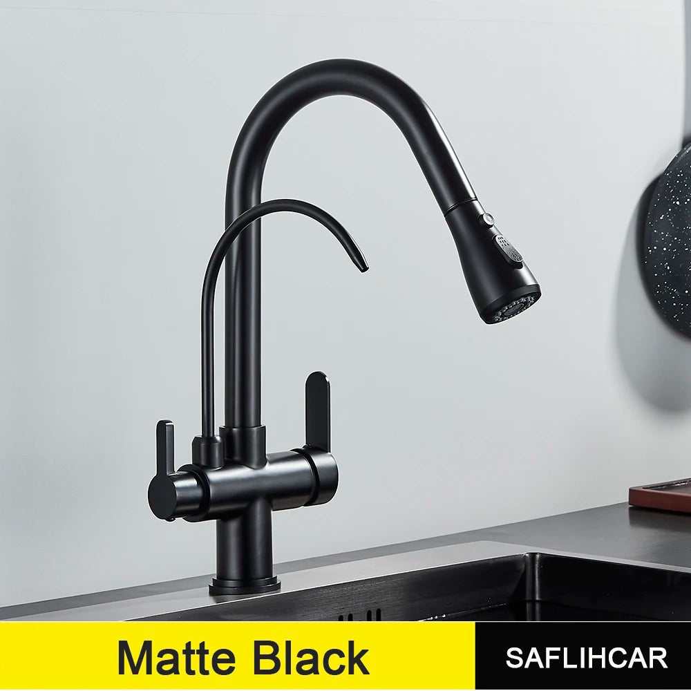 Black Gold Pure Water Faucet Spout Pull Out Dual Water Modes Kitchen Purification Sink Faucet  Kitchen Filtered Crane