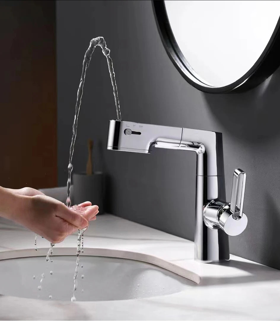 VGX Multifunctional Bathroom Faucets Pull Out Basin Mixer Sink Faucet Gourmet LED Temperature Tap 360° Tapware Crane Brass White