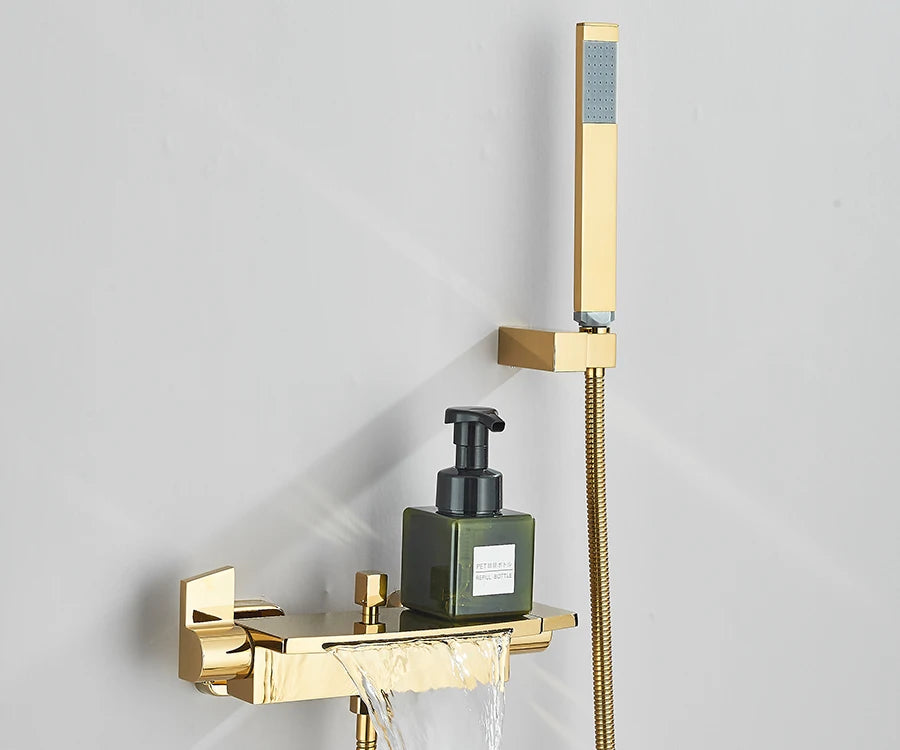 Black Waterfall Bathtub Shower Faucets Wall Mount Shower With Handheld Shower Mixer Tap Faucets Hot Cold Bath Shower Tap