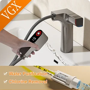 VGX Multifunctional Bathroom Faucets Pull Out Basin Mixer Sink Faucet Gourmet LED Temperature Tap 360° Tapware Crane Brass White