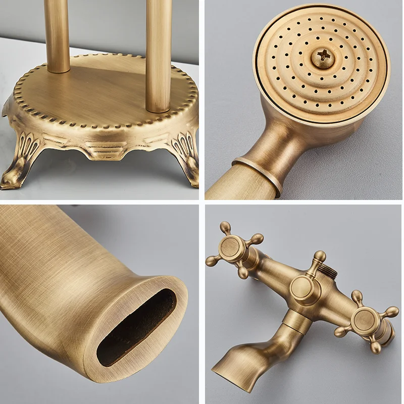 Floor Standing Double Tube Double Handle Bathtub Faucet Set for Bathroom With Rainfall Handshower Tub Faucet Freestanding Crane