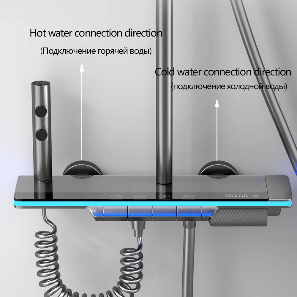 OXG Brass Bathroom Faucet Thermostatic Shower Faucet Set With Digital Display Ambient Light Shower System Rainfall Shower Set