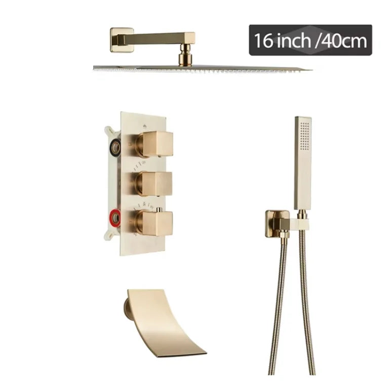 Modern Bathroom Rain Waterfall Shower Set Thermostatic Mixer Bath Shower Mixer Tap Brass Body