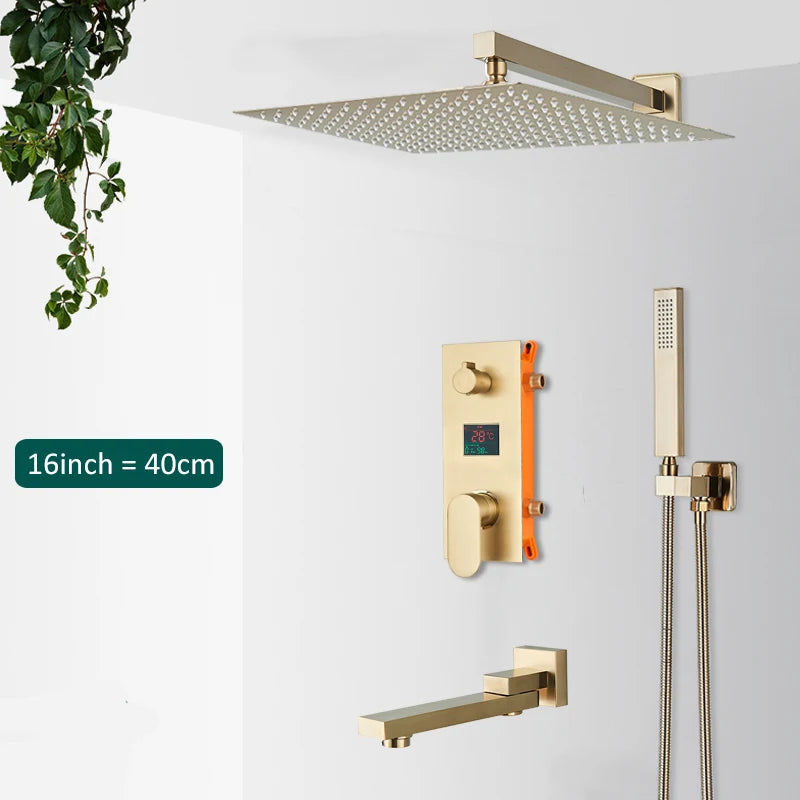 Brushed Gold Digital Display Concealed Shower System 2/3 way Shower Set Hydropower Mixer Swivel Spout Built in Wall Shower Taps