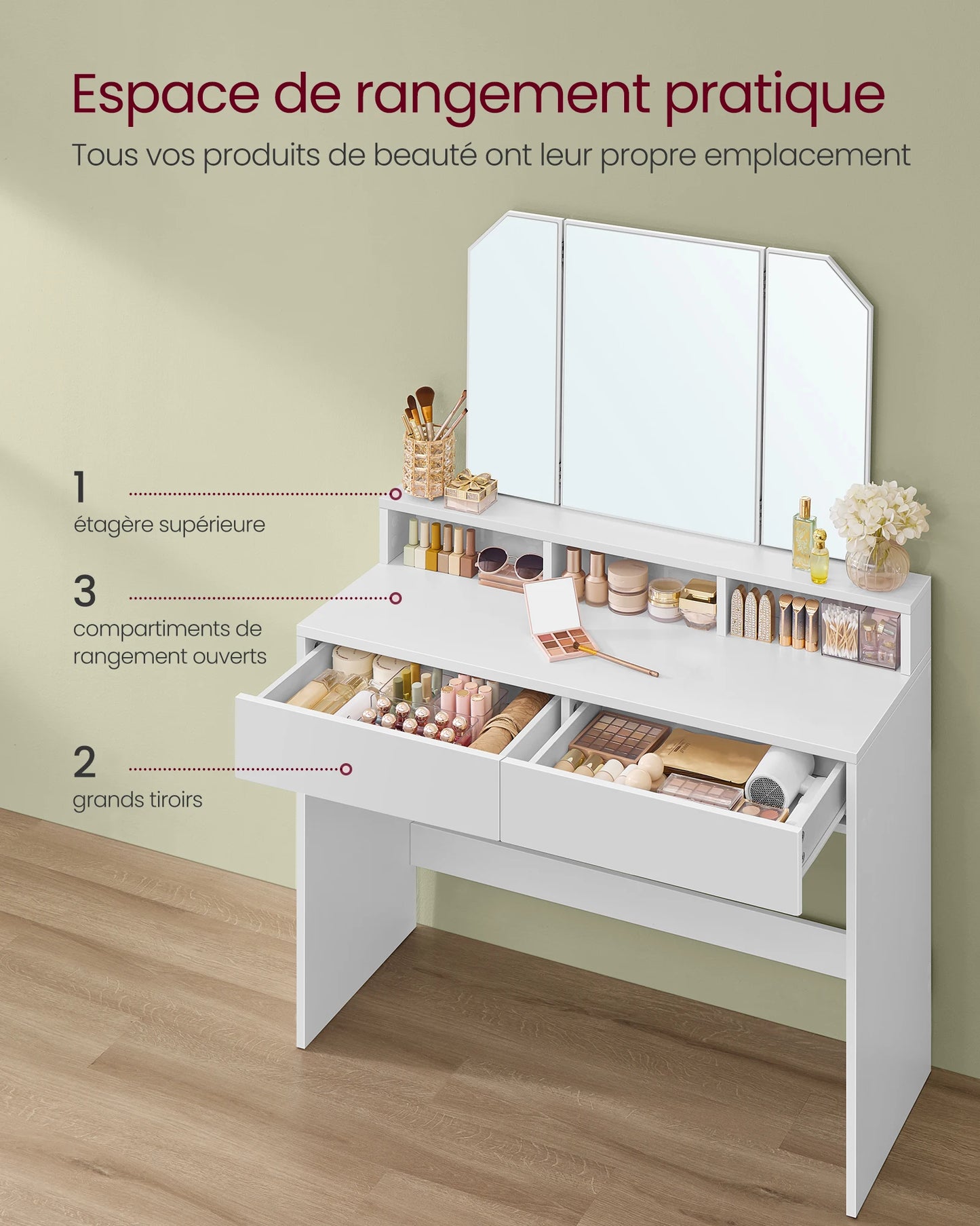 VASAGLE Dressing Table with Large Rectangular Mirror, Vanity Table with 2 Drawers and 3 Open Compartments, Vanity Table, Modern
