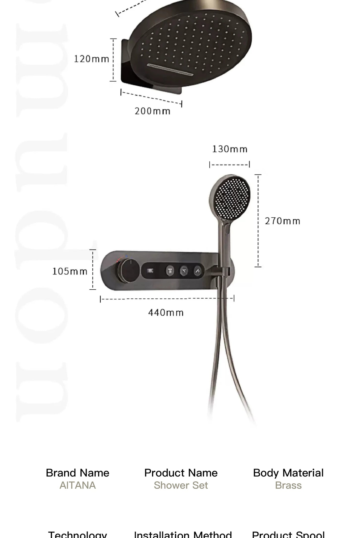 Luxury round gun gray brass shower system intelligent digital display with four functions cold and hot dual control shower Tap