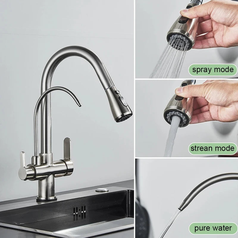 Black Gold Filter Kitchen Faucets Pure Water Rotatable Dual Spout Kitchen Faucet Dual Handles Filtered Mixer Tap For Kitchen