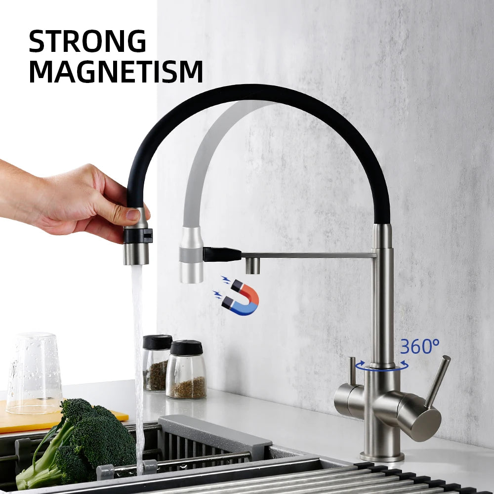 Brushed Nickel Kitchen Faucet Pull Out Double Handle Kitchen Tap Matte Chrome Kitchen Mixer Brass Single Hole 3 Ways Sink Tap