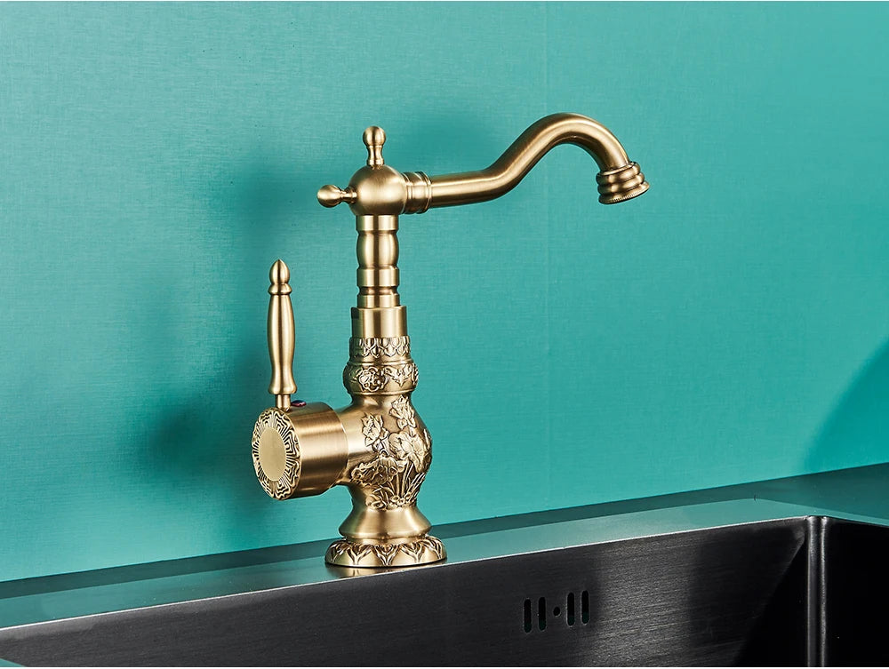 POIQIHY Basin Faucets Antique Brass Faucet Basin Carving Tap Rotation Single Handle Tap  Mixer Taps Bathroom Vessel Sink Faucet