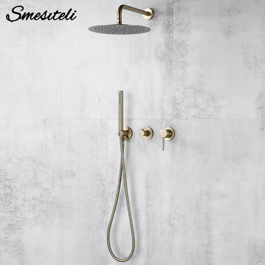 Smesiteli Shower System Set  Brushed Gold Wall Mount Bathroom Faucet Hidden Brass Hot Cold Valve Bath Shower Rain Shower Kit