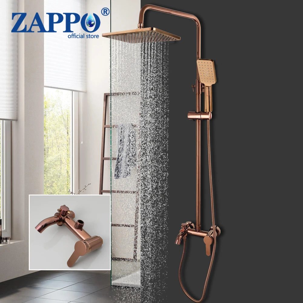ZAPPO Solid Brass Rose Golden Shower Faucet Set Pink Bathroom Bathtub Mixer Rainfall Spray Hand Square Shower Shower Facuets