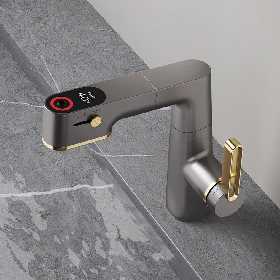 VGX Multifunctional Bathroom Faucets Pull Out Basin Mixer Sink Faucet Gourmet LED Temperature Tap 360° Tapware Crane Brass White