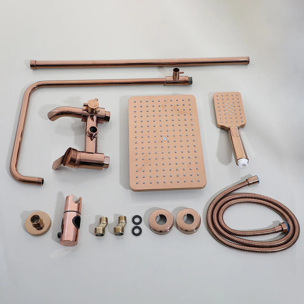 ZAPPO Solid Brass Rose Golden Shower Faucet Set Pink Bathroom Bathtub Mixer Rainfall Spray Hand Square Shower Shower Facuets