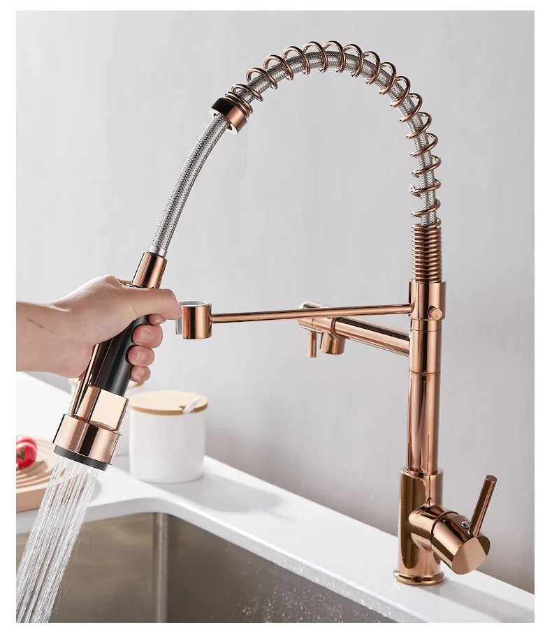 Black and Golden Brass Pulling Kitchen Sink Faucets Dual Outlet Water-Cold Hot Washing Basin Tap Deck Mounted Spring Mixer Taps