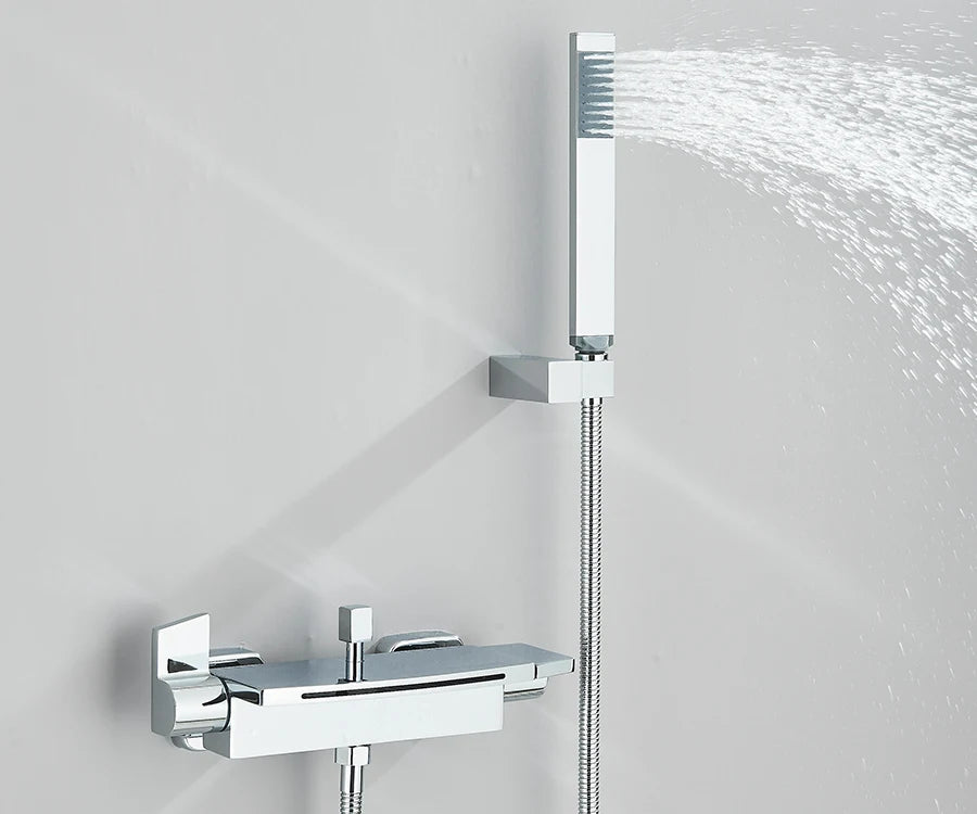 Black Waterfall Bathtub Shower Faucets Wall Mount Shower With Handheld Shower Mixer Tap Faucets Hot Cold Bath Shower Tap