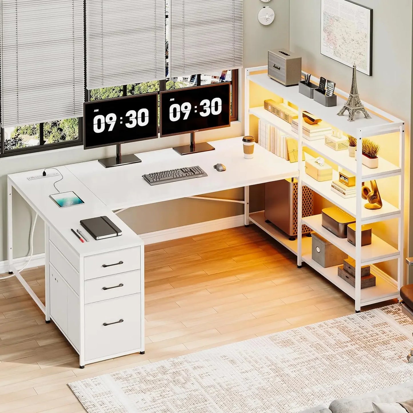 L Shaped Gaming Desk with Reversible U Shaped Computer Desk with Power Outlet and Storage Shelves