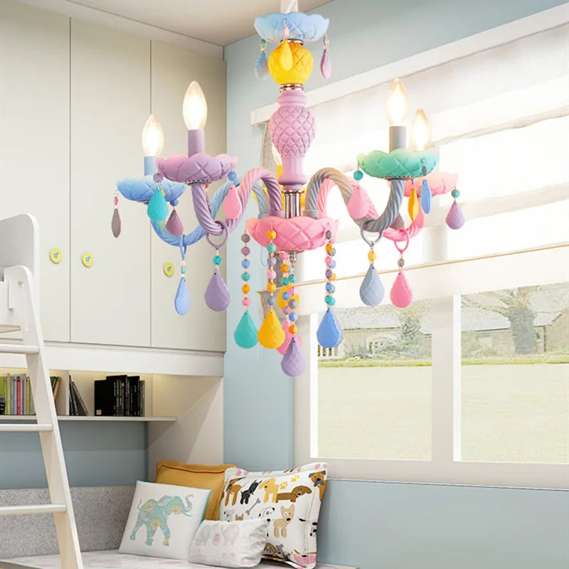 Modern Romantic Rainbow Crystal Chandelier European Candle lustres Children's Makaron Girl Princess Pendant Lamps Light Fixtures