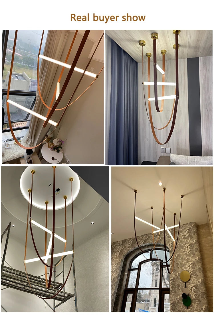 Postmodern Leather Belt Chandelier Living Room Villa Building Coffee Restaurant Glass Tube Designer Chandelier