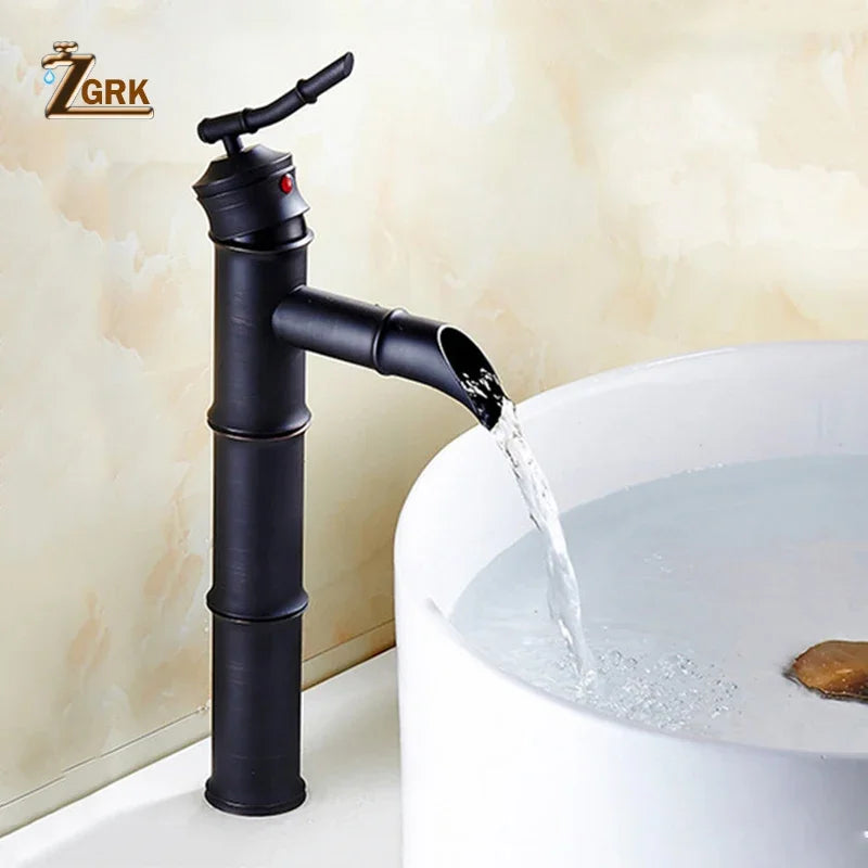 ZGRK Black Waterfall Bathroom Sink Faucet Vessel Tall Bamboo Water Tap Retro Brass Basin Faucets Single Hole Sink Mixer Tap