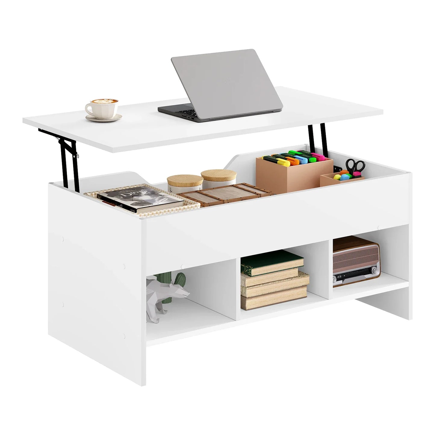 Liftable Coffee Tea Table with Storage White Side Table Height-adjustable Rectangular Sofa Table for Living Room Bedroom