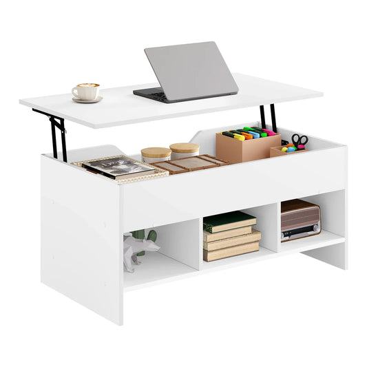 Liftable Coffee Tea Table with Storage White Side Table Height-adjustable Rectangular Sofa Table for Living Room Bedroom