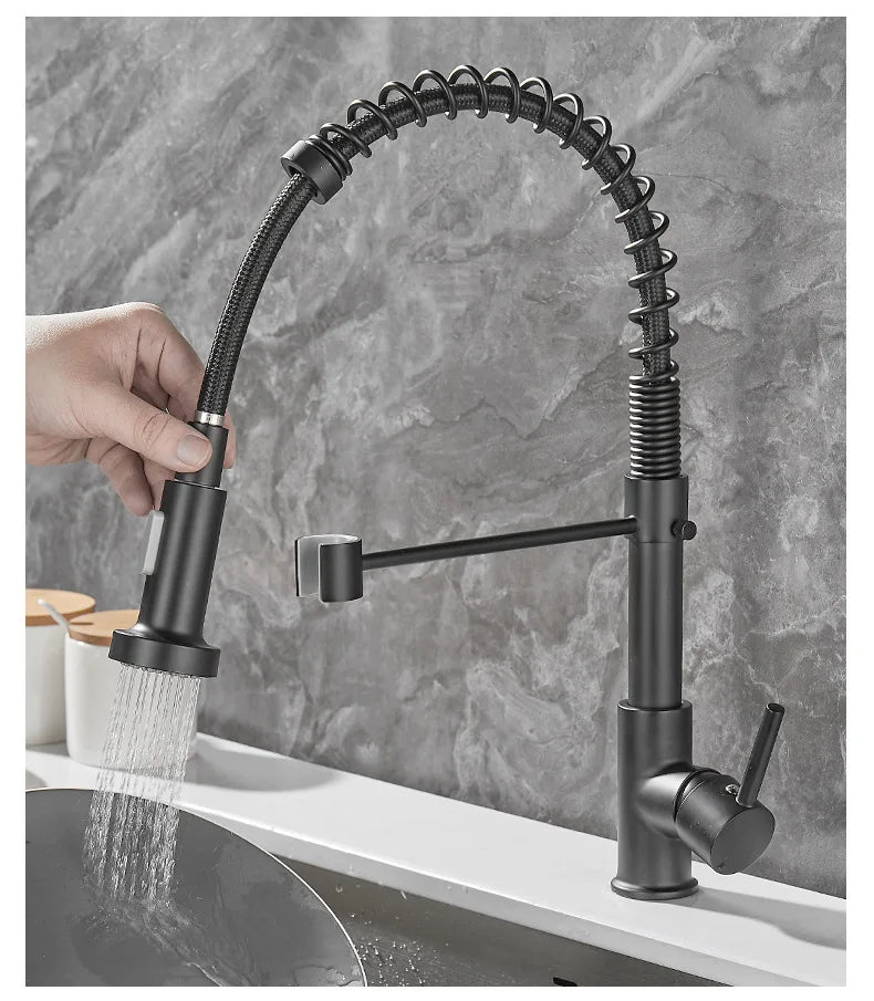 Black and Golden Brass Pulling Kitchen Sink Faucets Dual Outlet Water-Cold Hot Washing Basin Tap Deck Mounted Spring Mixer Taps