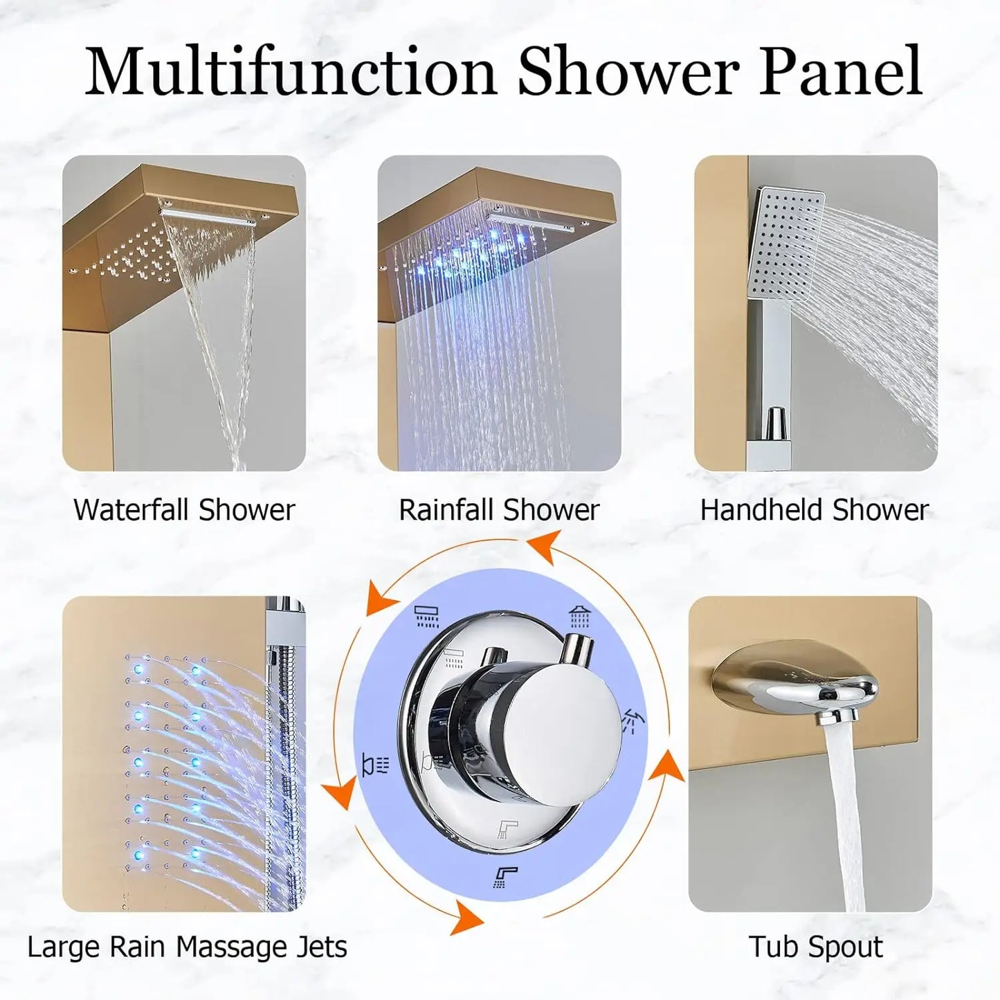 OUIO Brush LED Shower Panel Column Shower Faucet Bathtub Mixer Tap With Massage Body Spa Hand Shower Temperature Screen Set